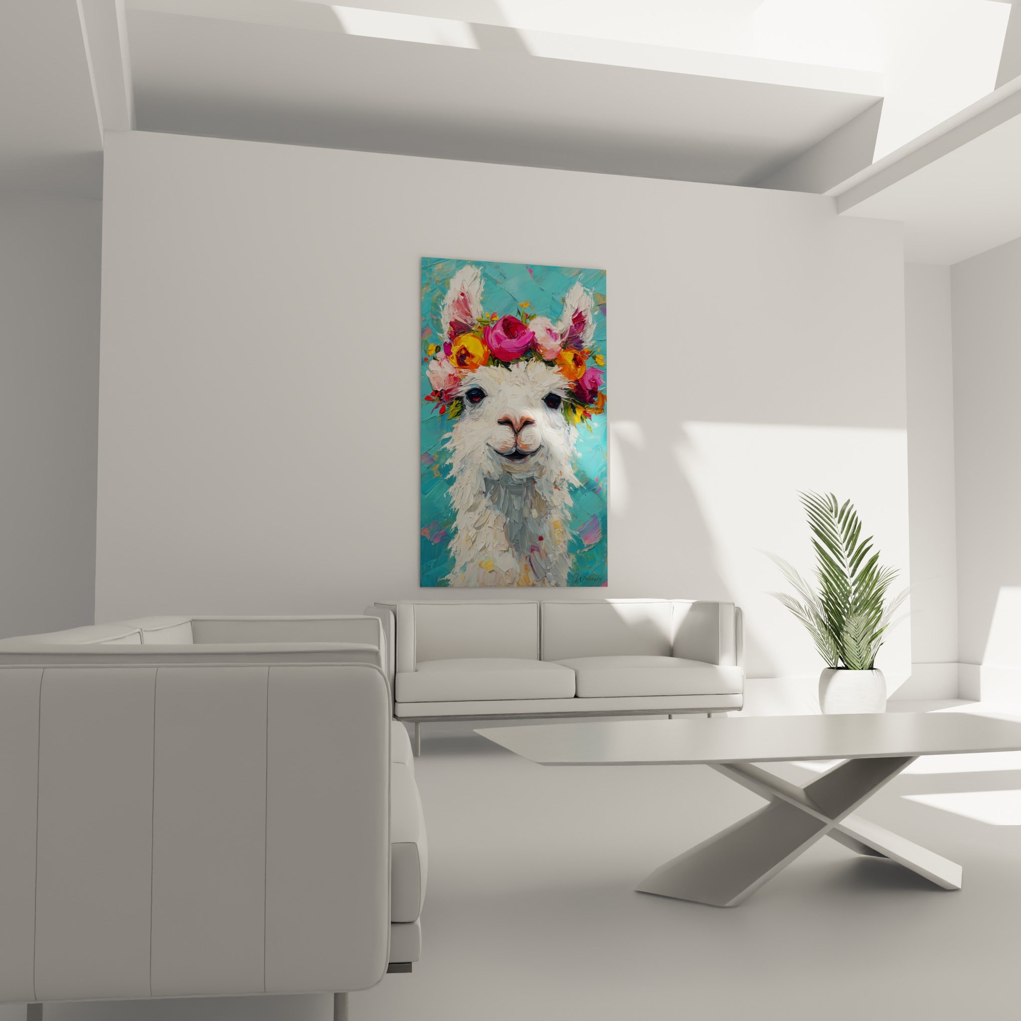 Portrait de lama fleuri aux teintes turquoise et rose vif, suspendu au-dessus d'un canapé dans un salon lumineux