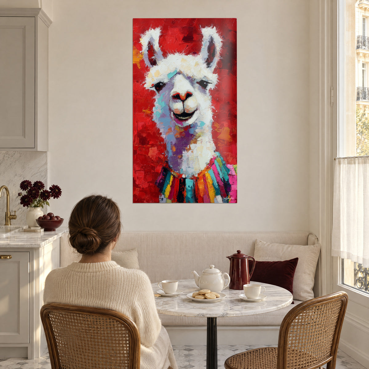 Cuadro de llama sonriente de lana impecable y sombras violetas, fondo rojo intenso, mujer sentada de espaldas frente a una mesa de cocina, momento cotidiano