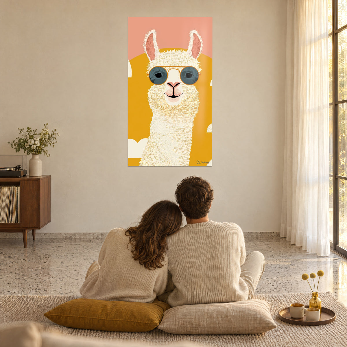 Cuadro de una llama sonriente en tonos planos amarillo sol y rosa, hocico rosado y lana crema, pared de un salón bañado de luz con dos personas sentadas