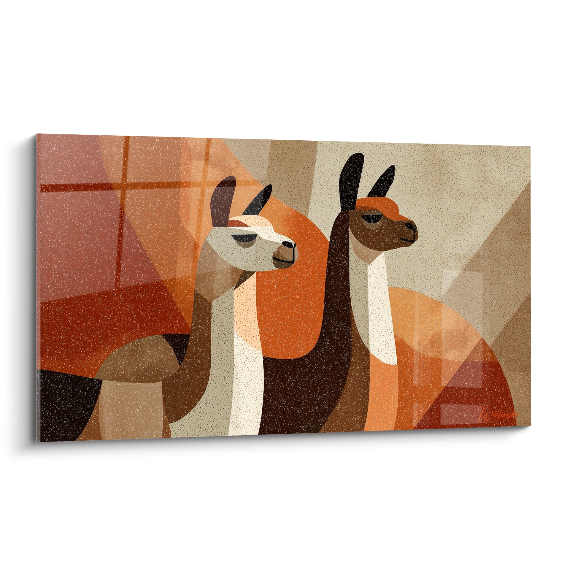 Deux lamas terracotta et brun au style géométrique se dressent sur un fond ocre lumineux
