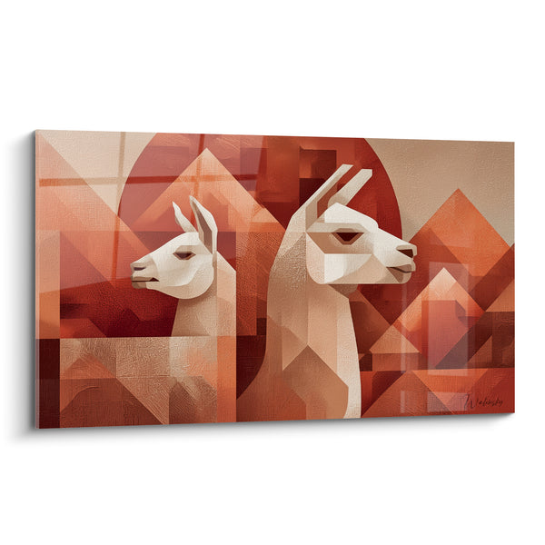 Tableau Lamas géométriques terracotta et crème - Veille andine - Edition Lama