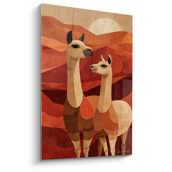Tableau Lamas terracotta et beige montagnes stylisées - Veille au crépuscule - Edition Lama