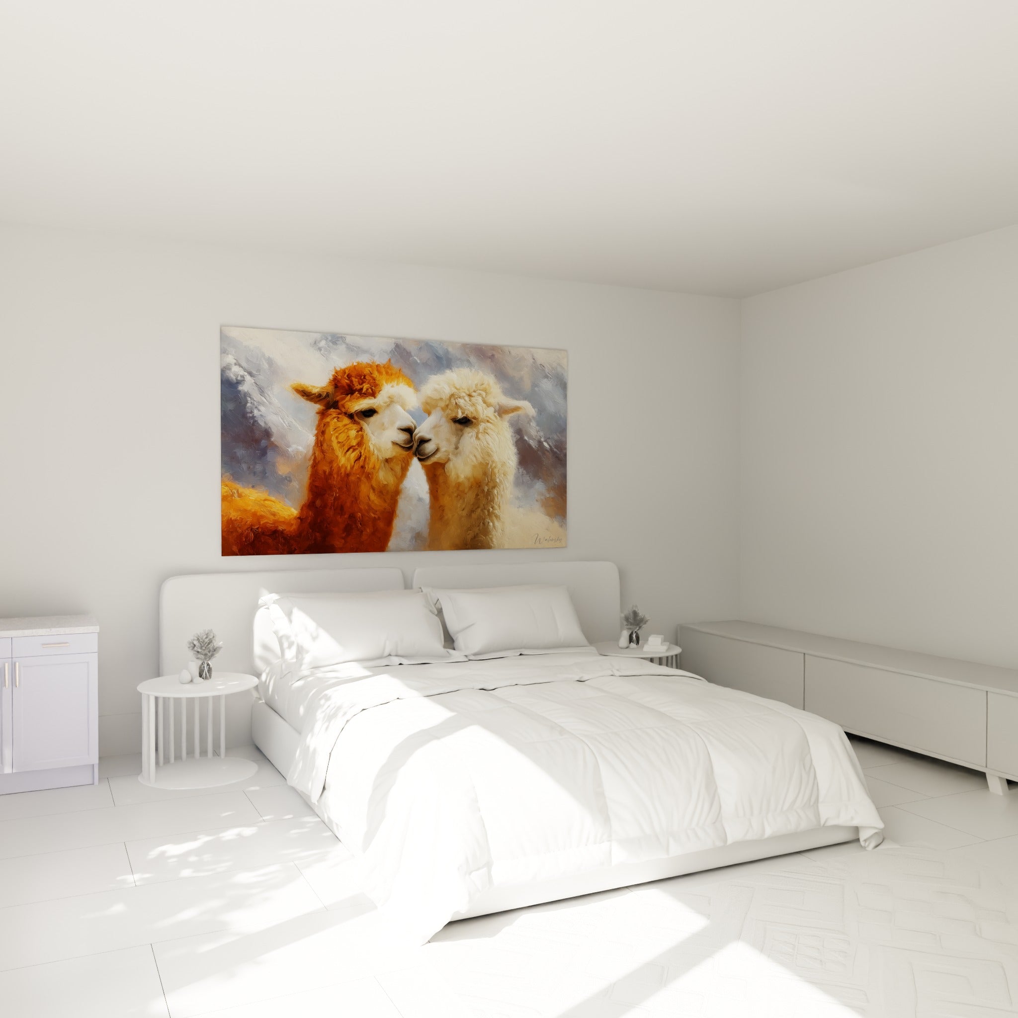 Lamas terracotta et blanc laineux, tendresse peinte au-dessus d'un lit dans une chambre claire