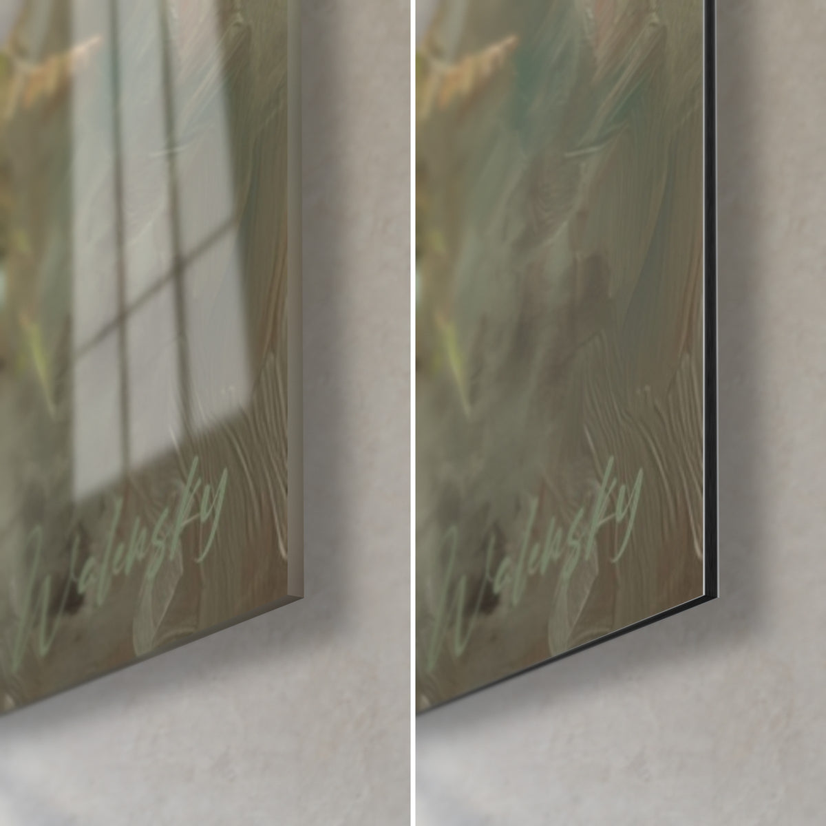 Schilderij van een kameelachtige met crèmekleurige vacht, geschilderde grijsgroene achtergrond, rechtsonder: glanzend acrylglas en mat zwart Dibond-aluminium