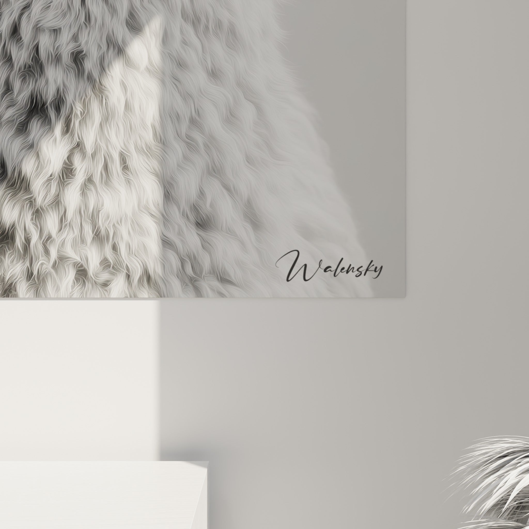 Détail des mèches bouclées blanches et grises du lama, matière laineuse et grain visible de l'impression