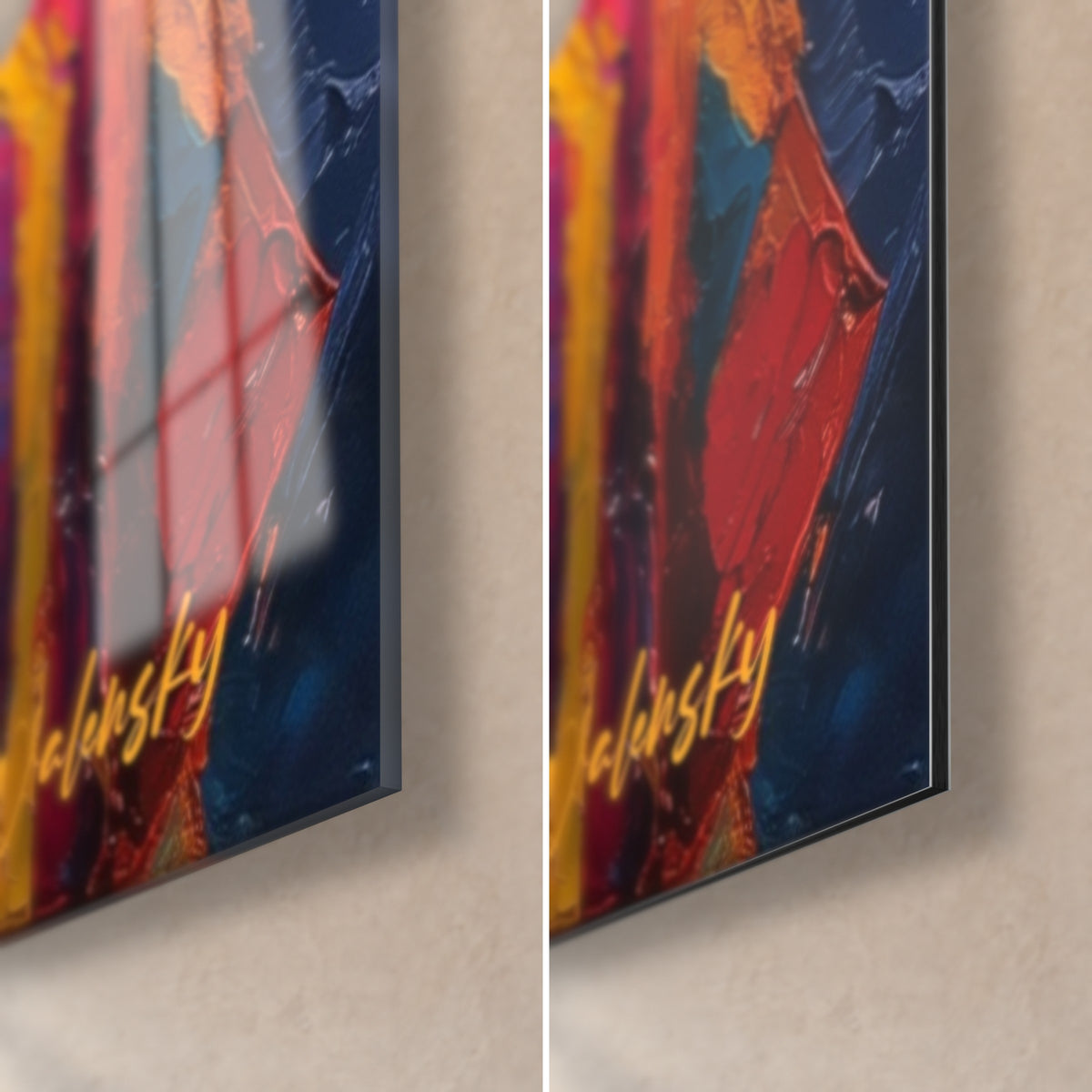 Schilderij trio van lama's, rechtsonder: glanzend glas met roze reflecties, mat Dibond, dunne rand, gele signatuur