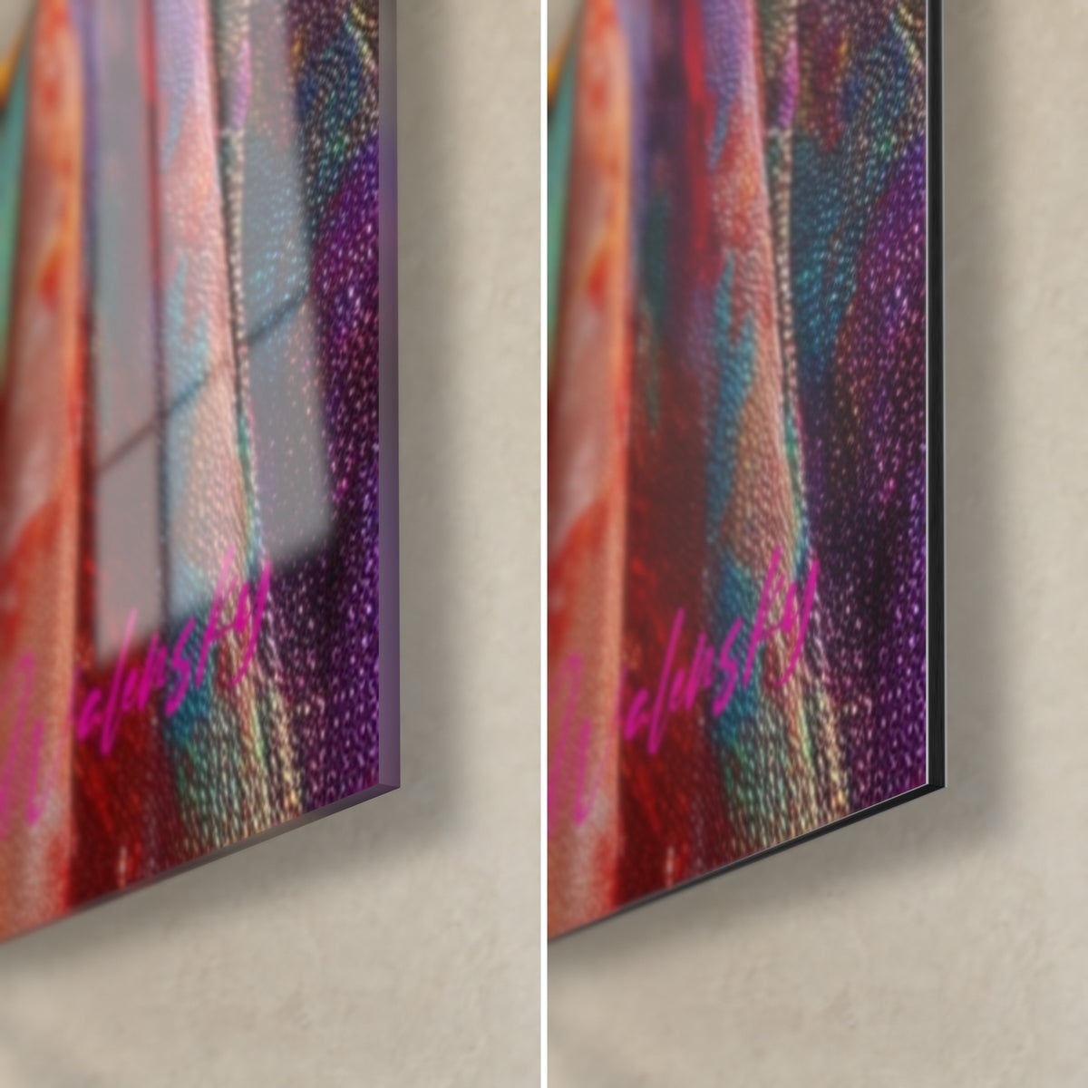 Schilderij alpaca met ronde bril, rechtsonder: glanzend acrylglas dat het licht weerkaatst, mat zwart Dibond-aluminium, rand van 3 mm