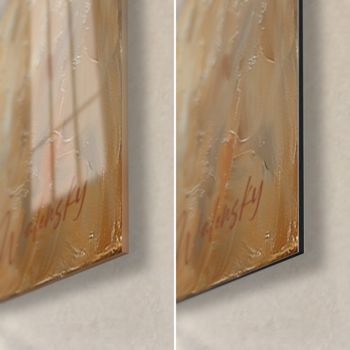 Quadro duo di alpaca, angolo in basso a destra: firma color ruggine, vetro acrilico lucido con riflessi a sinistra, Dibond nero opaco a destra