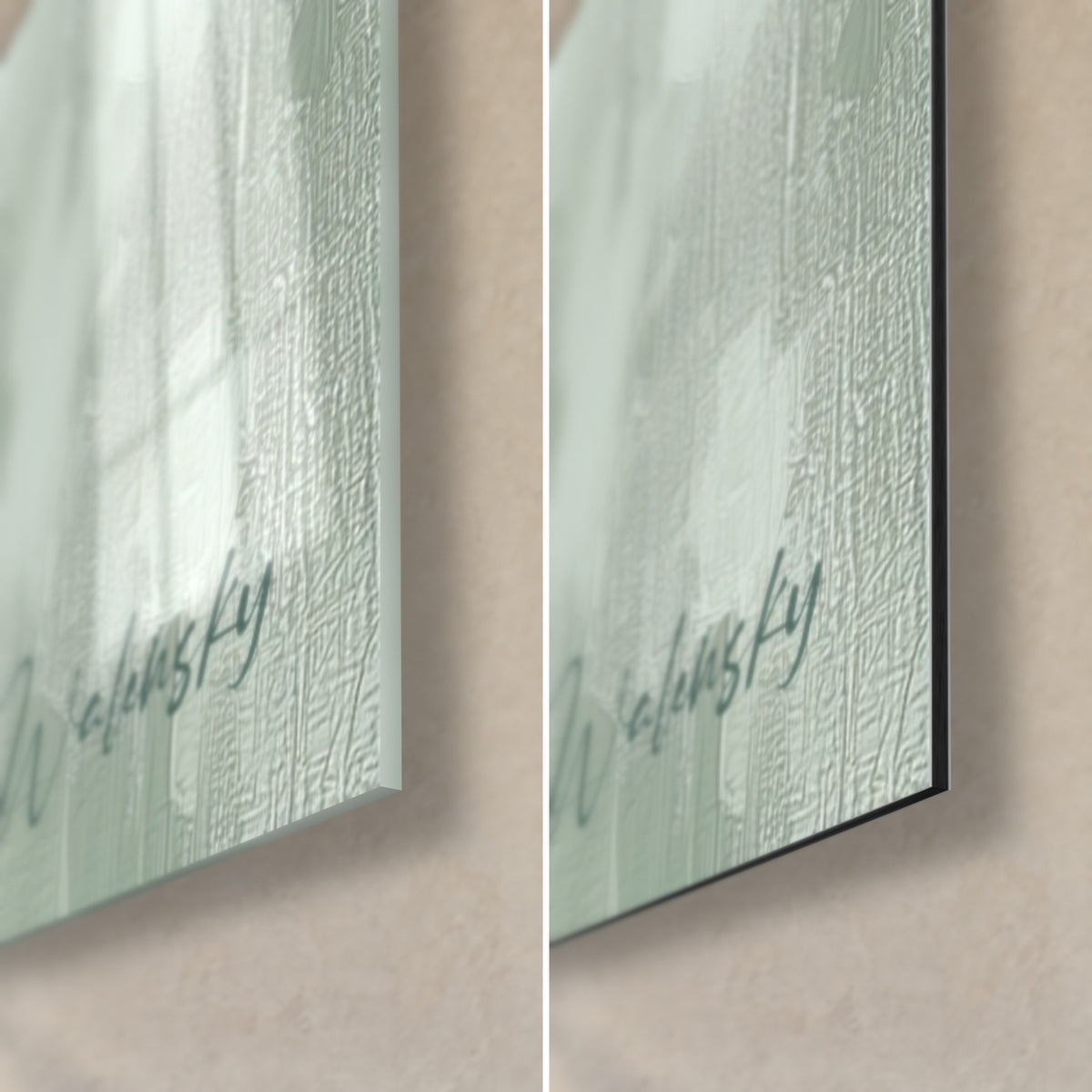 Wall art llama with white and green fleece, bottom right corner: glossy acrylic glass on the left, matte Dibond aluminum on the right, 3 mm edge