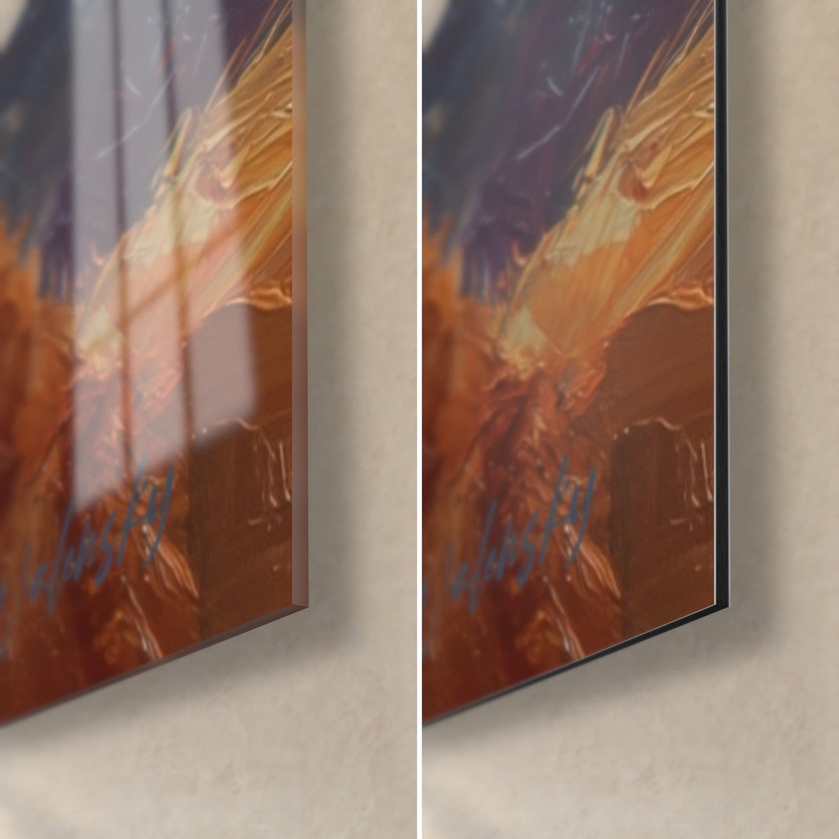 Quadro coppia di lama, lana avorio e ramata, angolo in basso a destra in vetro lucido con riflessi e alluminio Dibond opaco, spessore 3 mm