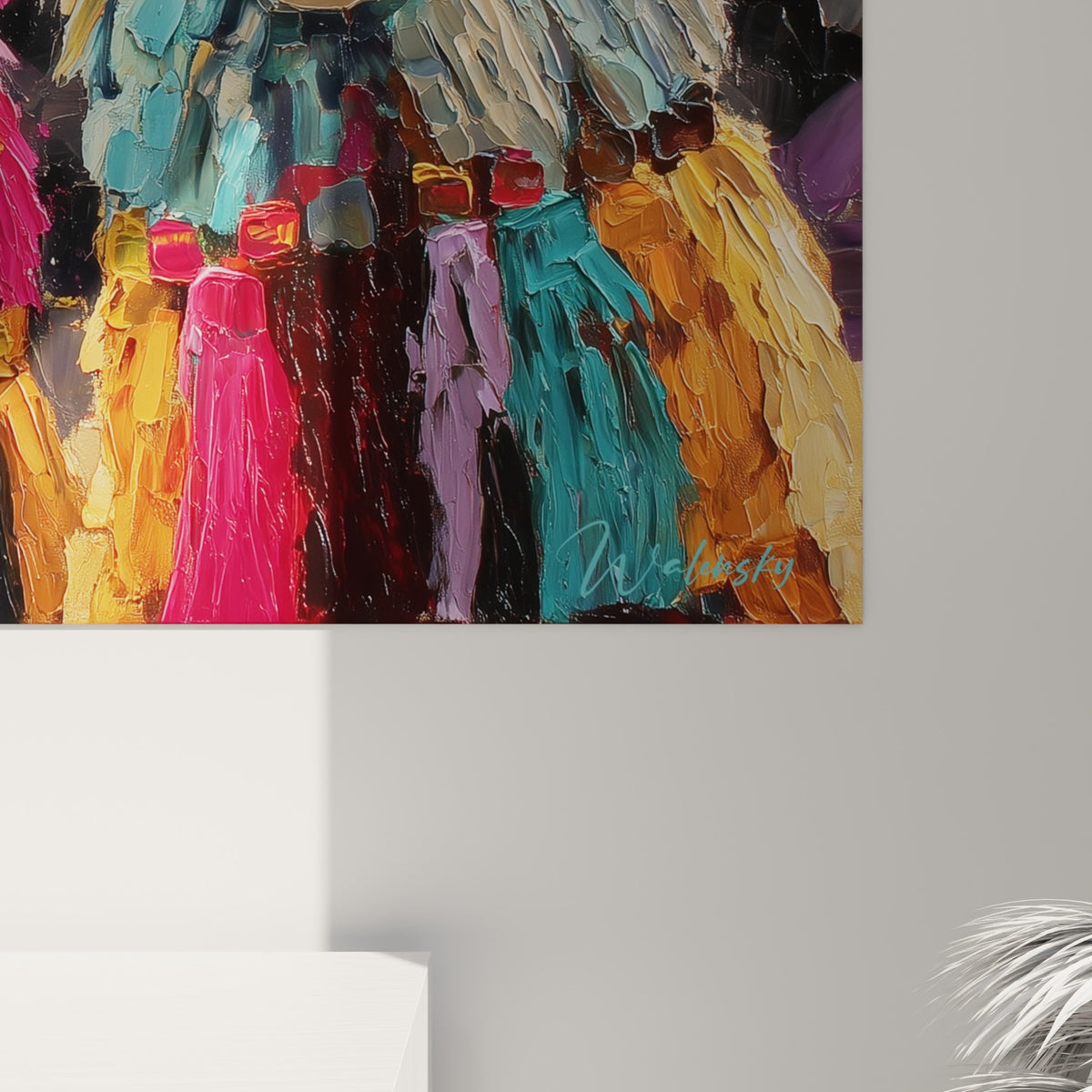 Matière épaisse du pelage crème et des pompons rouge et turquoise, empâtements visibles au couteau