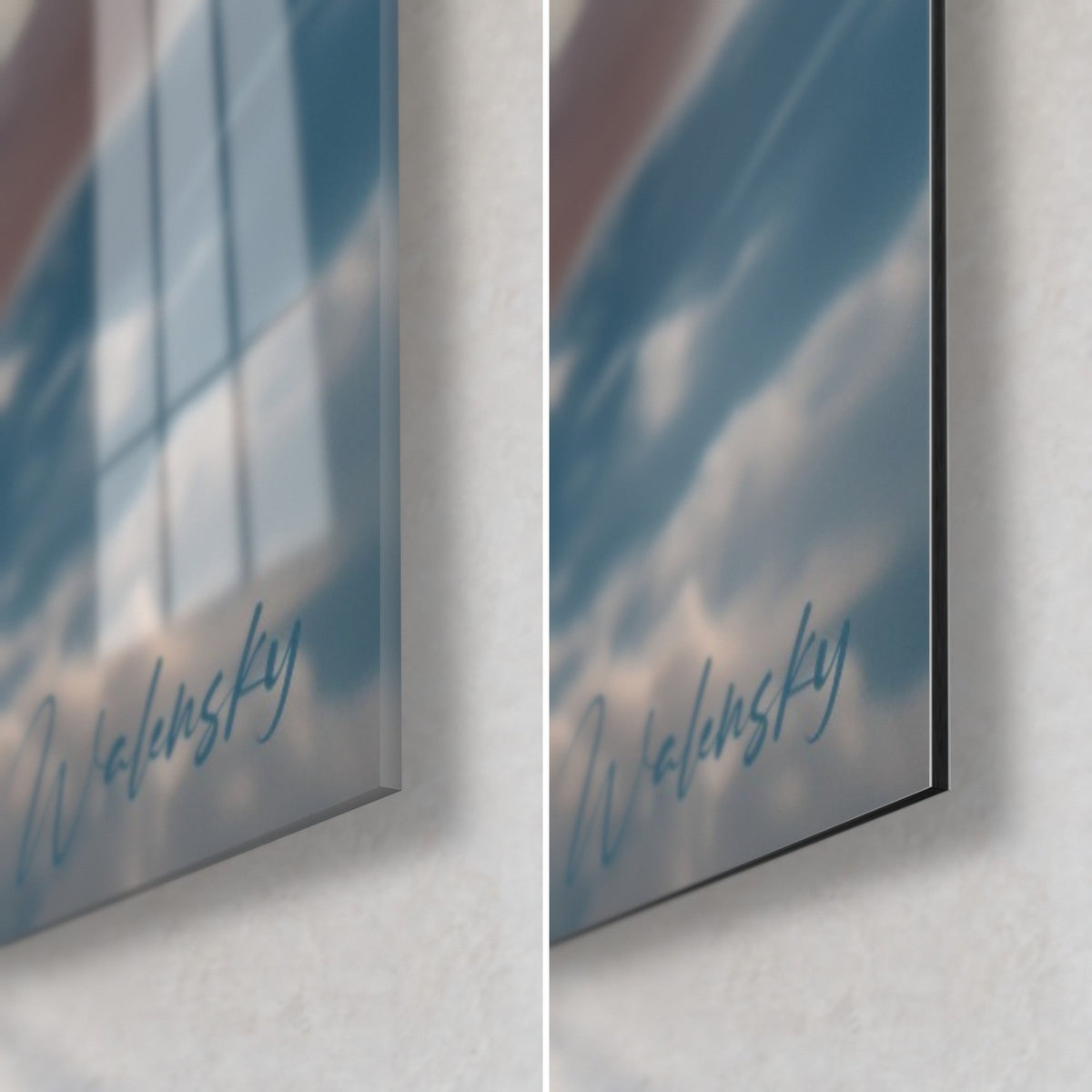 Wall art of a tawny llama, bottom right corner: glossy glass with window reflections on the left, matte Dibond on the right, 3 mm edge
