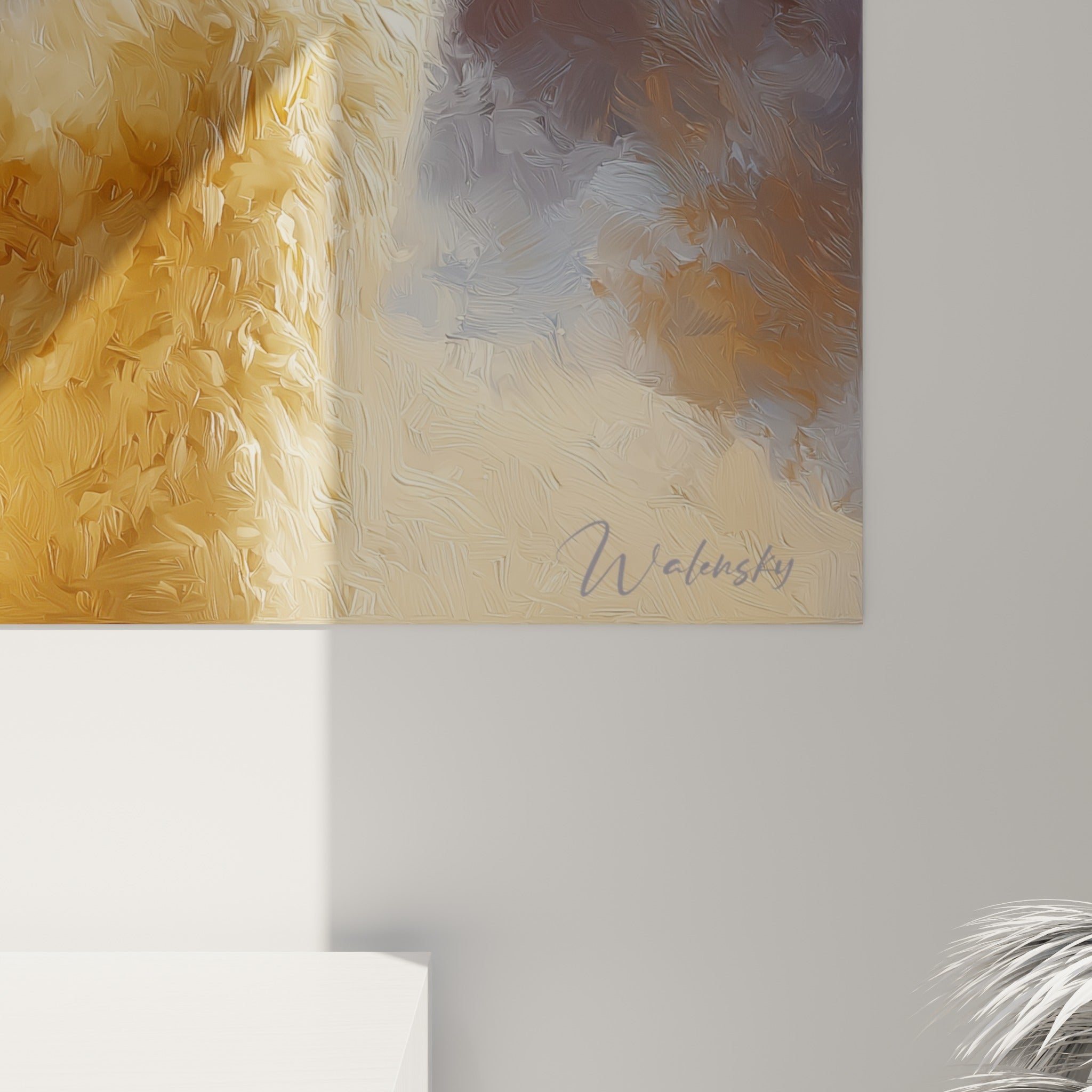 Empâtements de peinture orange et blanc laineux, coulures de bleu gris texturant la fourrure des lamas