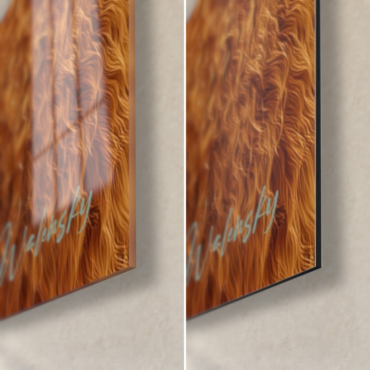 Cuadro alpacas de lana rizada anaranjada, esquina inferior derecha de cristal brillante con reflejos y aluminio Dibond negro mate, grosor de 3 mm