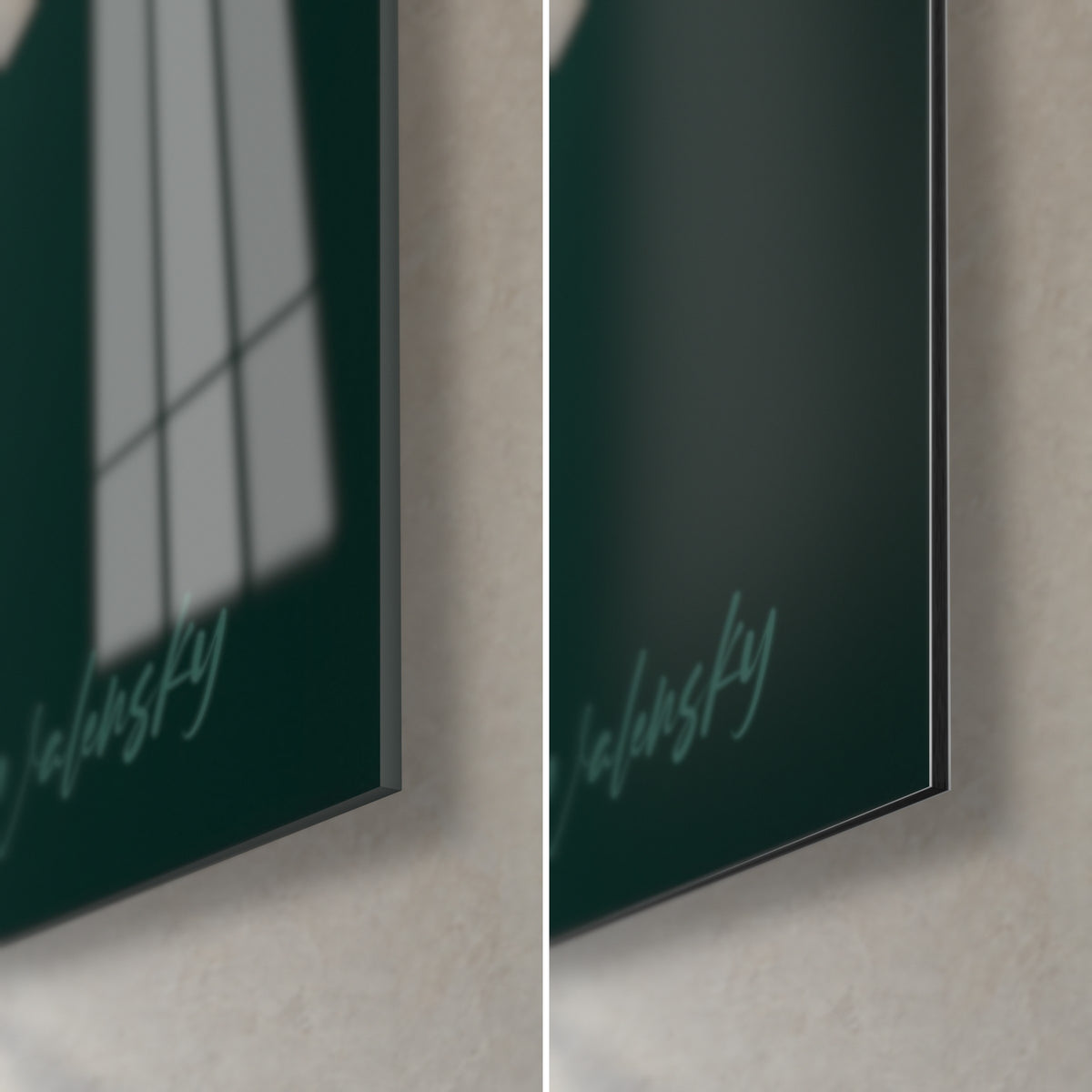 Cuadro llamas con gafas, esquina inferior derecha: cristal acrílico brillante que refleja la ventana, aluminio Dibond mate, canto de 3 mm, fondo verde