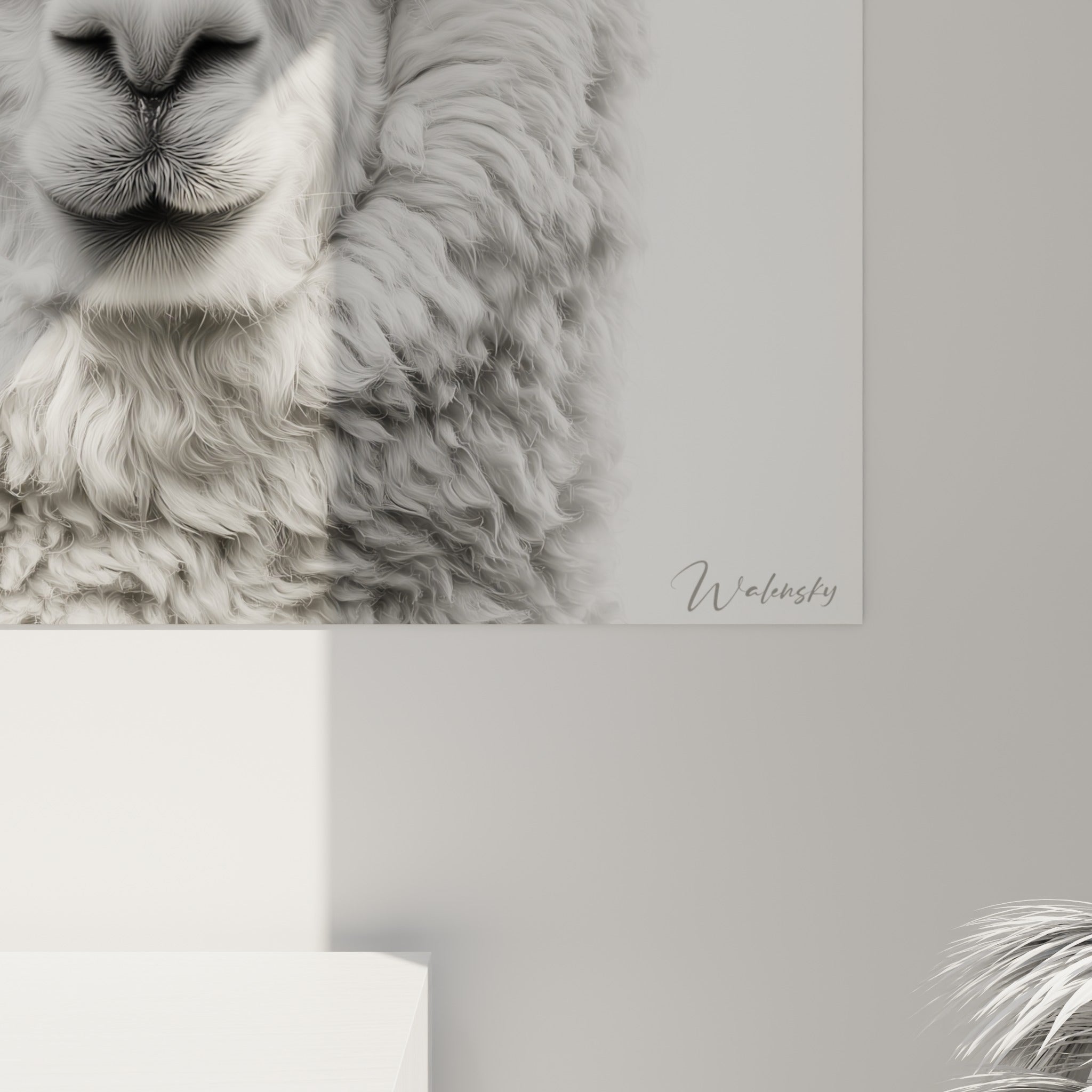 Détail des mèches sculptées en gris perle et blanc, texture laineuse et empâtements visibles sur la toile
