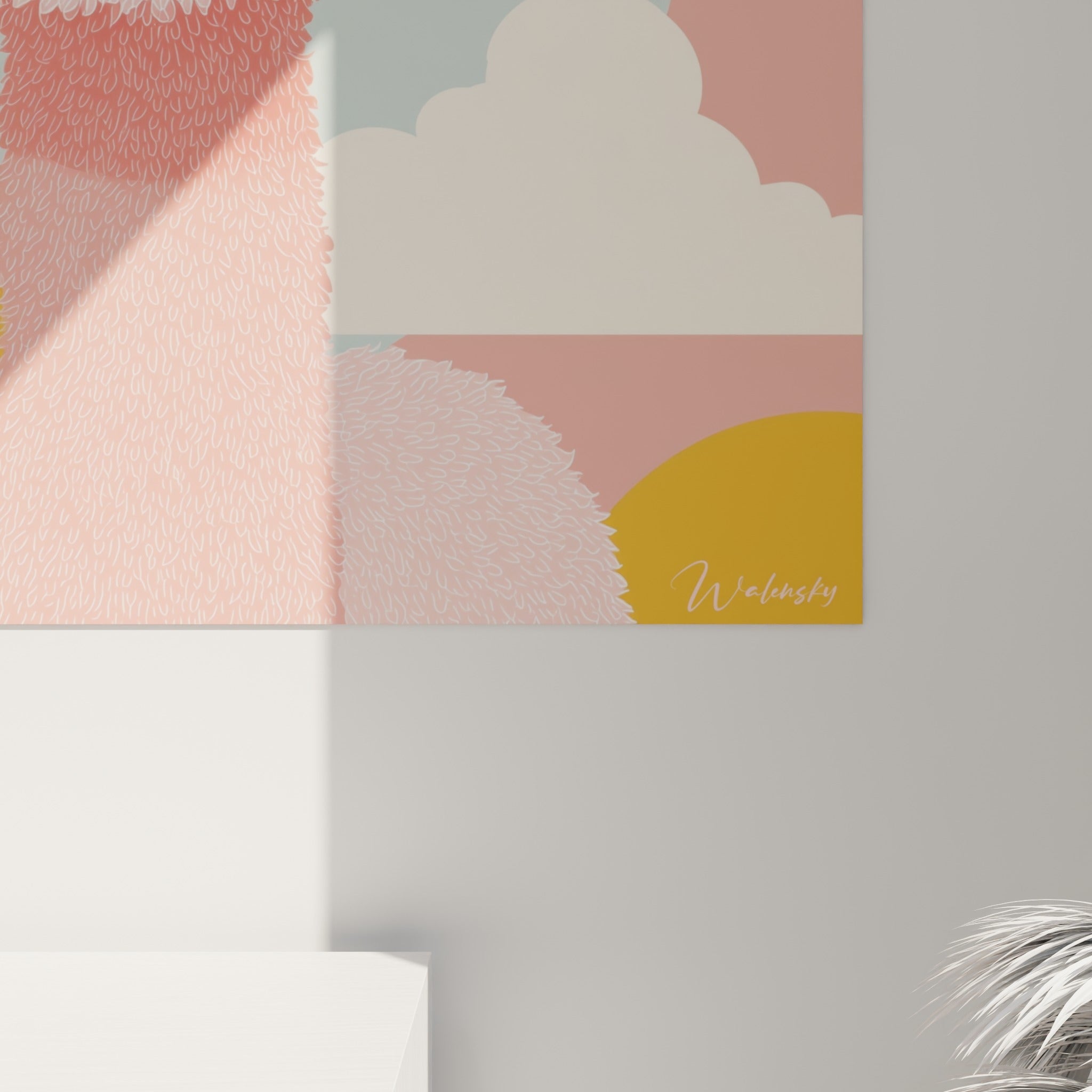 Détail du pelage texturé rose et blanc du lama, reflets brillants sur les verres rouge sombre des lunettes