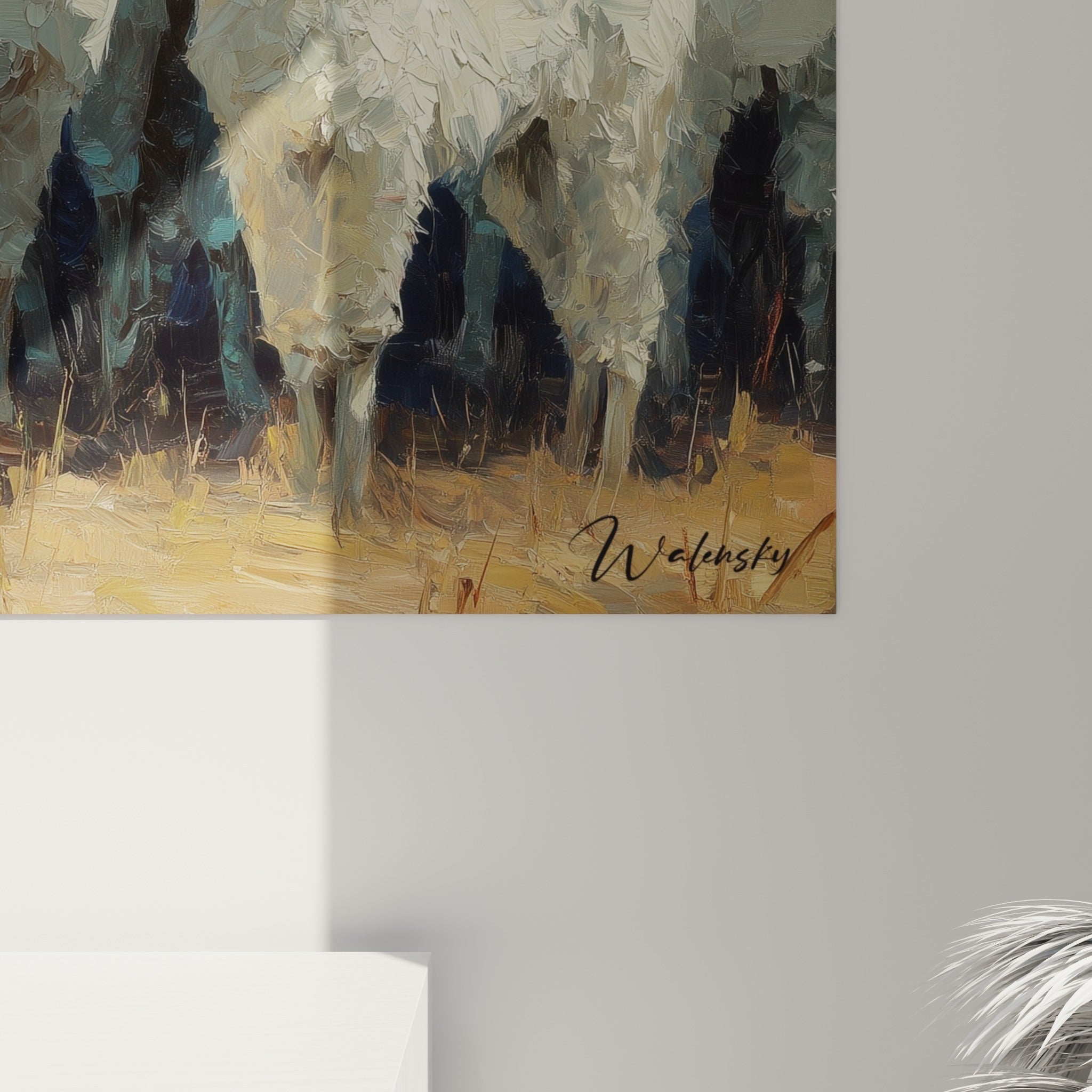 Empâtements épais du pelage blanc des lamas et coulures bleu ardoise visibles de près