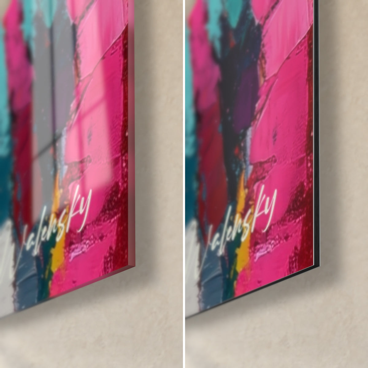 Cuadro de retrato de llama, esquina inferior derecha: cristal acrílico brillante fucsia y turquesa a la izquierda, aluminio Dibond mate a la derecha