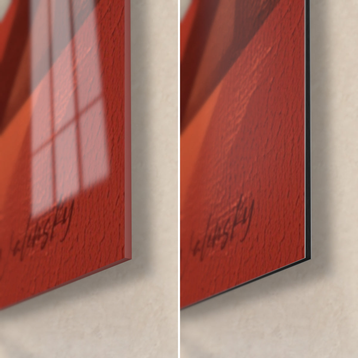 Schilderij geometrische lama's in terracotta en crème, rechtsonder: glanzend glas links, mat Dibond rechts, 3 mm dikte