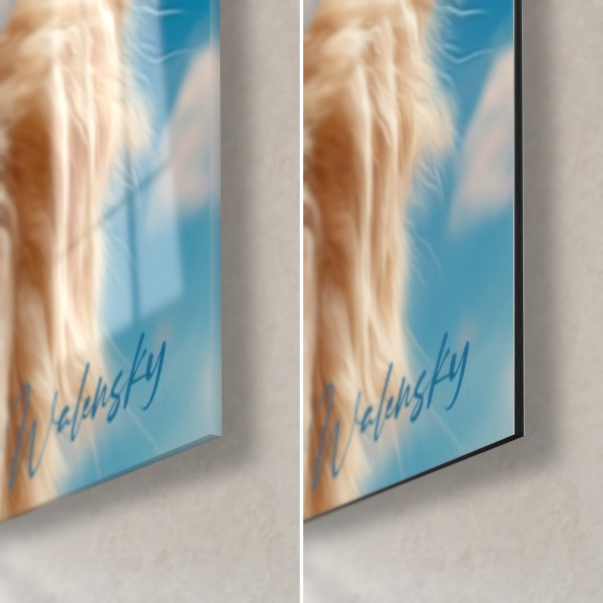 Quadro di lama beige e azzurro cielo, firma Walensky in basso a destra, vetro acrilico lucido con riflessi su Dibond nero opaco