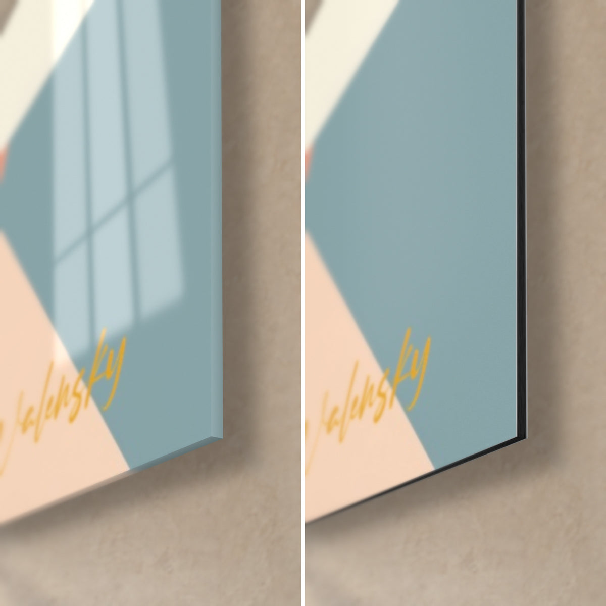 Gemälde Lama mit runder Brille, untere rechte Ecke: glänzendes Acrylglas links, matt. Dibond-Aluminium rechts, goldene Signatur und 3 mm Kante