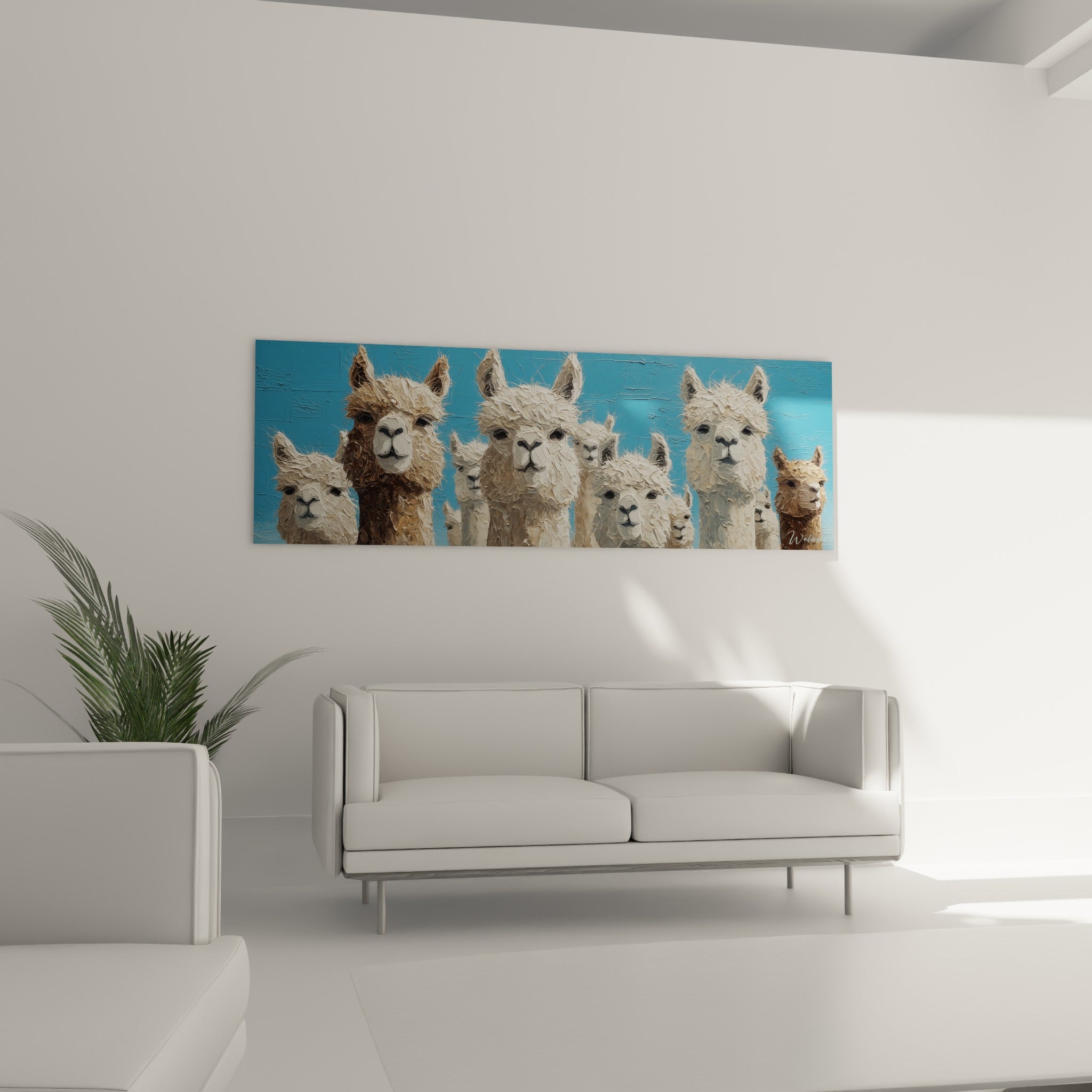 Lamas blancs et bruns texturés positionnés au-dessus d'un canapé dans un salon lumineux