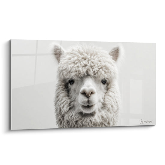 Lama blanc et gris à la toison bouclée, regard sombre et museau rosé, portrait frontal détaillé