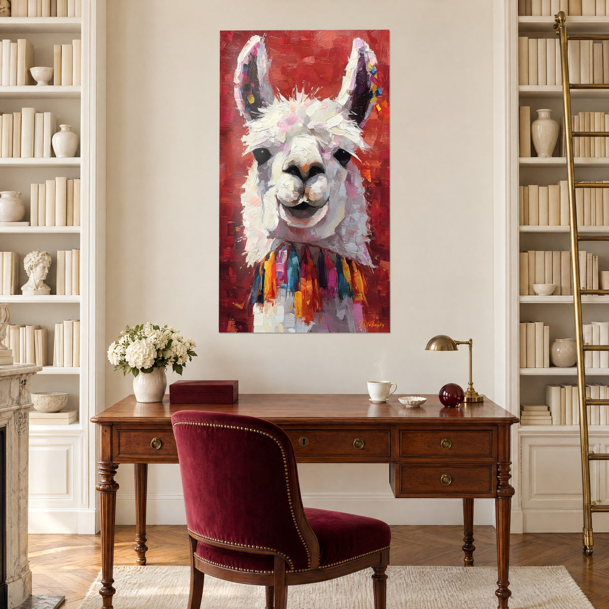 Cuadro llama andina de ojos negros y sonrisa dulce, empastes blancos sobre fondo rojo profundo, en la pared de un despacho con estantería blanca