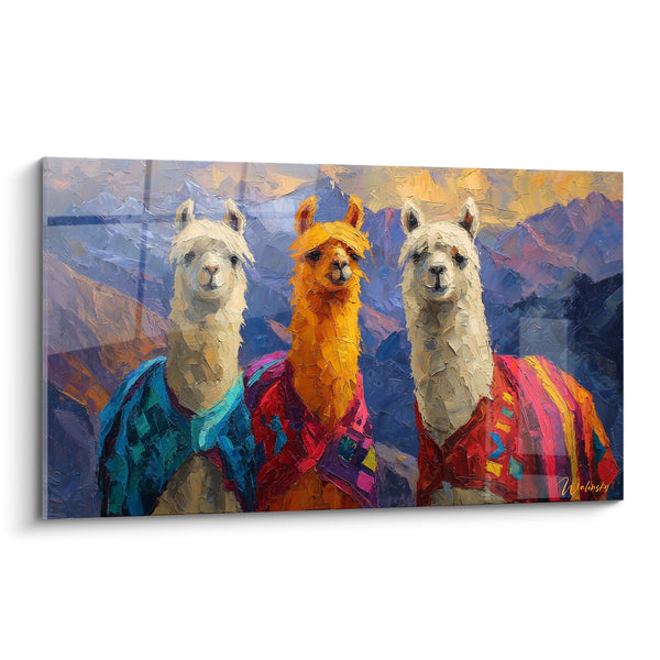 Tableau Trio de lamas blanc et orangé aux châles rayés - Sommets violets embrumés - Edition Lama