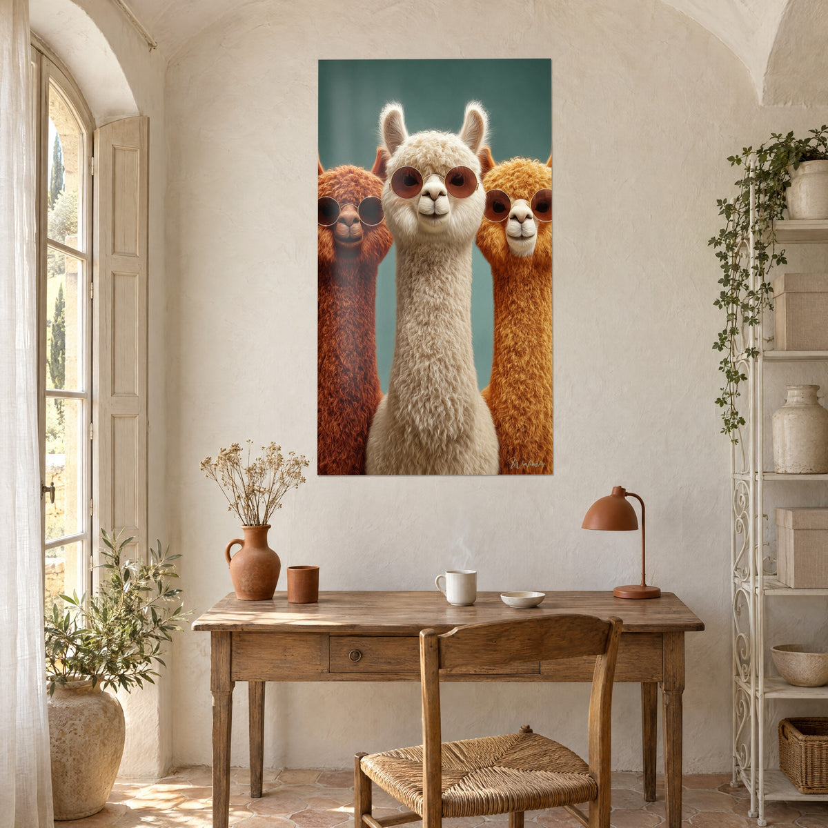 Cuadro retrato de tres llamas con gafas redondas, pelaje blanco y marrón sobre fondo verde azulado, escritorio de madera y lámpara naranja