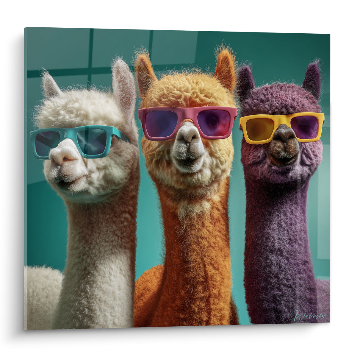 Trois lamas blanc, orange et violet portent des lunettes turquoise, rose et jaune sur fond turquoise