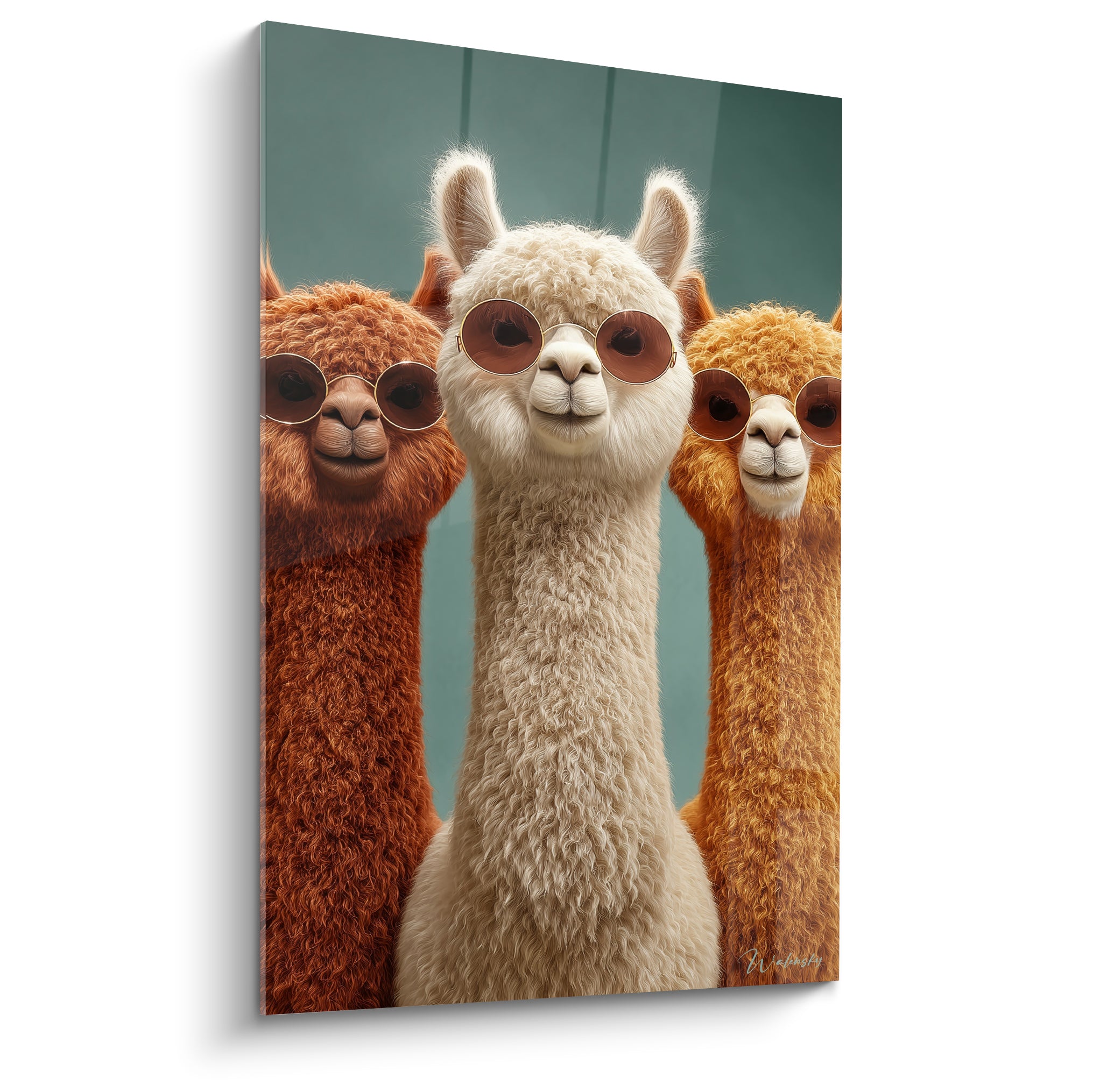 Trio de lamas ivoire, roux et ocre portant des lunettes rondes sur fond vert anthracite