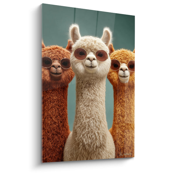 Tableau Trio de lamas blanc et roux à lunettes rondes - Fond vert pétrole - Edition Lama