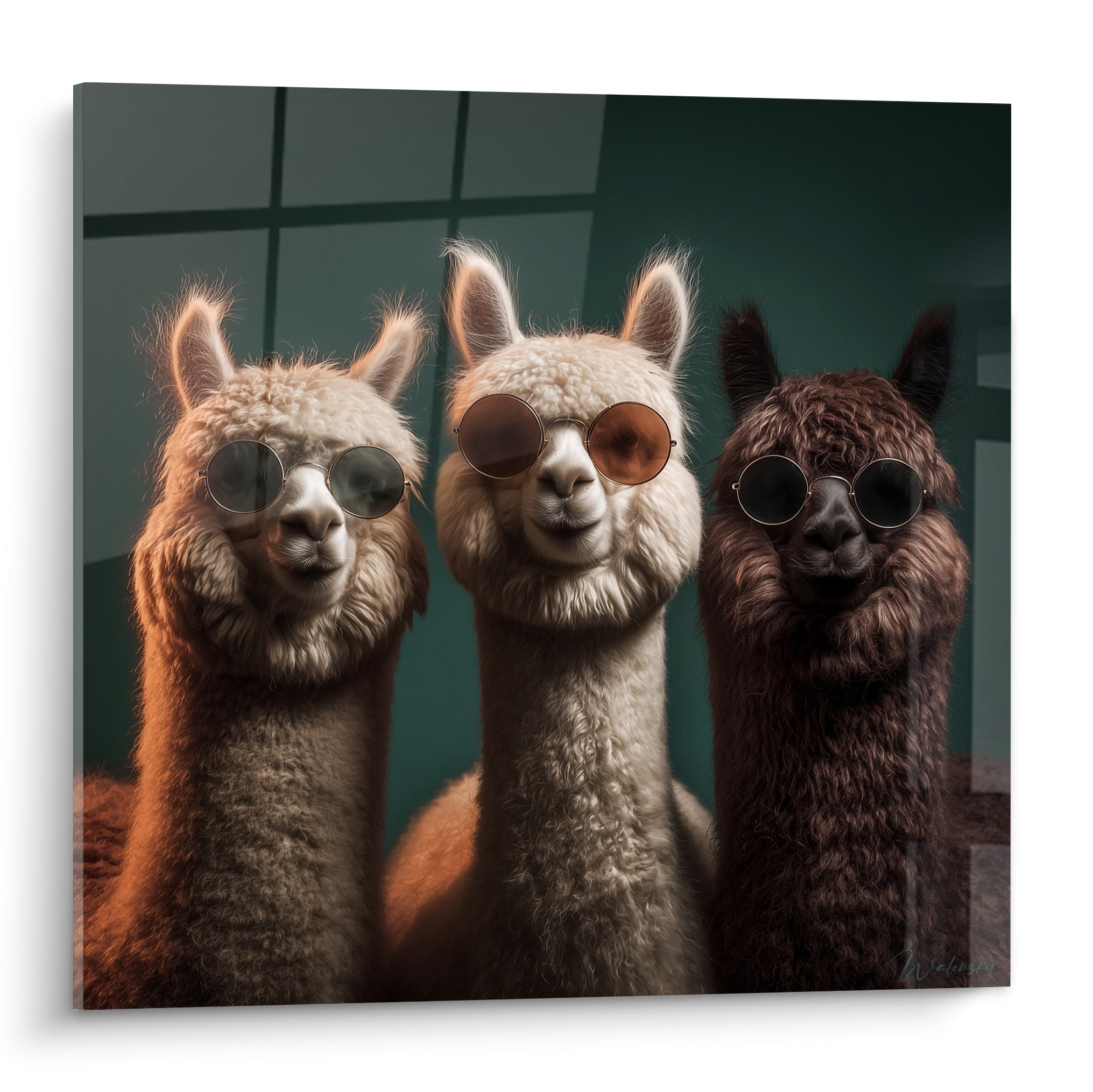 Trois lamas à lunettes rondes, pelage beige, crème et brun foncé, fond vert anthracite