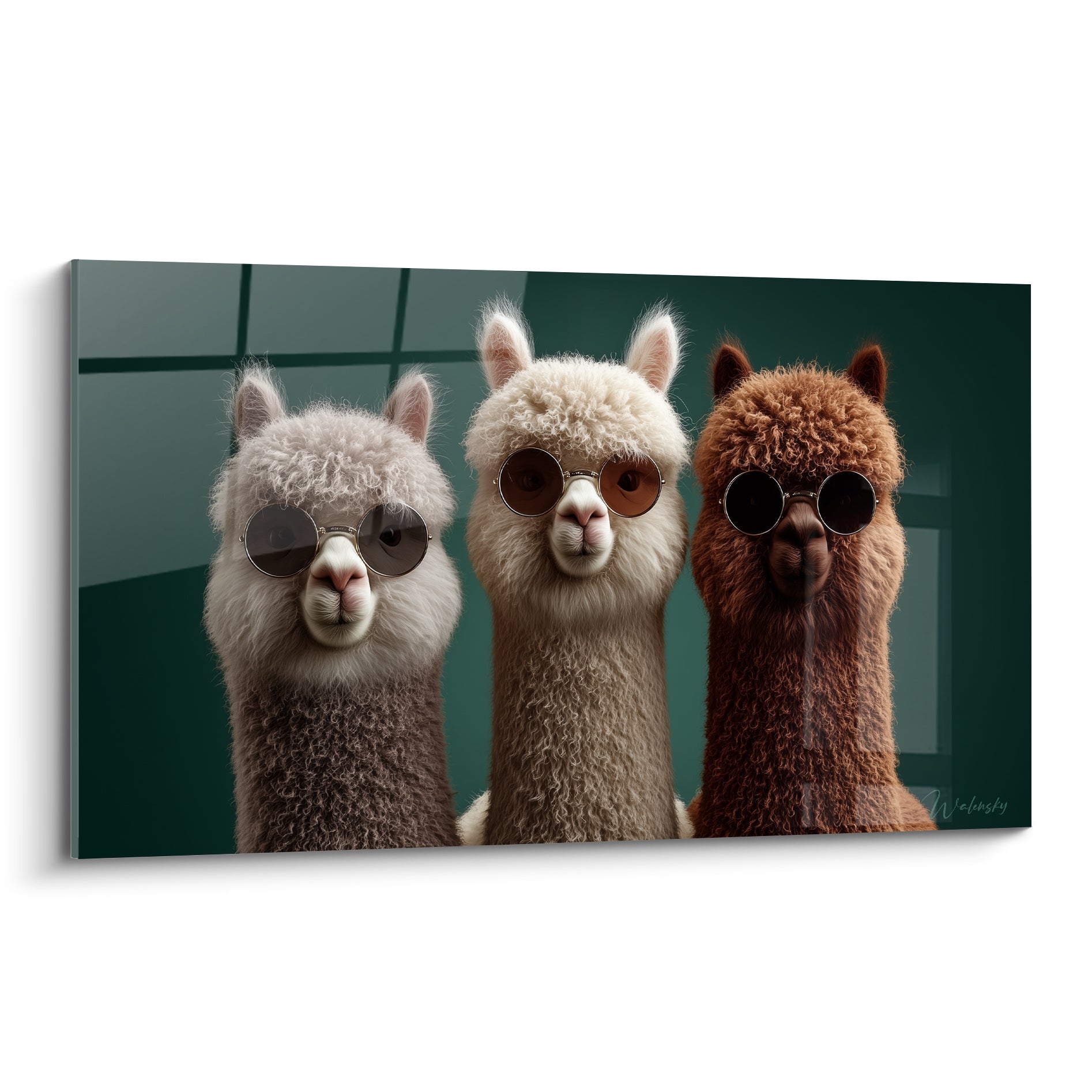 Trois lamas gris, blancs et bruns portent des lunettes rondes sur fond vert profond