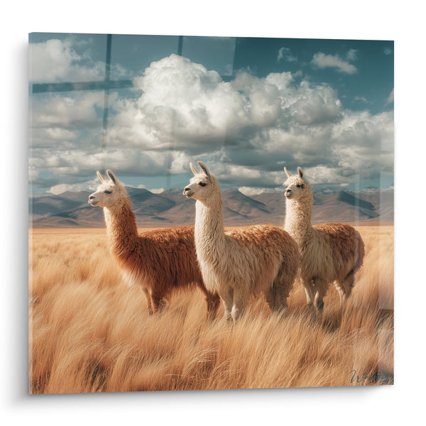 Tableau Trois lamas roux et blancs dans la plaine - Veille sur l'altiplano - Edition Lama