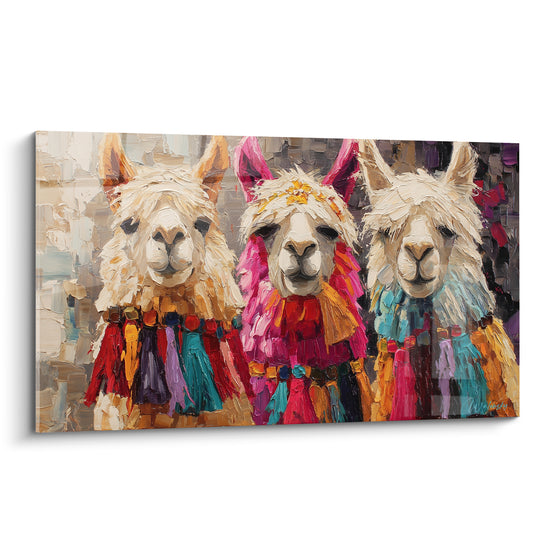 Trois lamas crème aux pompons rose fuchsia, turquoise et ocre peints en empâtement épais