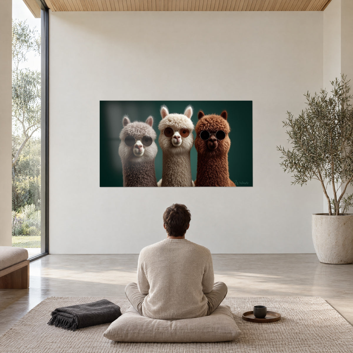 Cuadro trío de alpacas relajadas con cristales tintados, lana suave blanca, topo y cobriza sobre fondo verde oscuro, salón minimalista, persona sentada de espaldas
