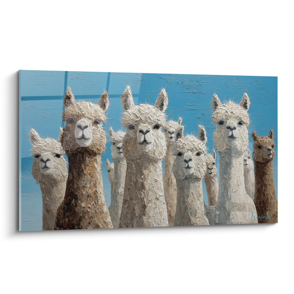 Tableau Lamas blanc et bleu troupeau réuni - Regards en groupe - Edition Lama