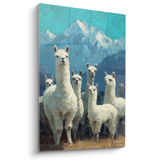 Tableau Lamas blancs devant montagnes turquoise - Veille des sommets - Edition Lama