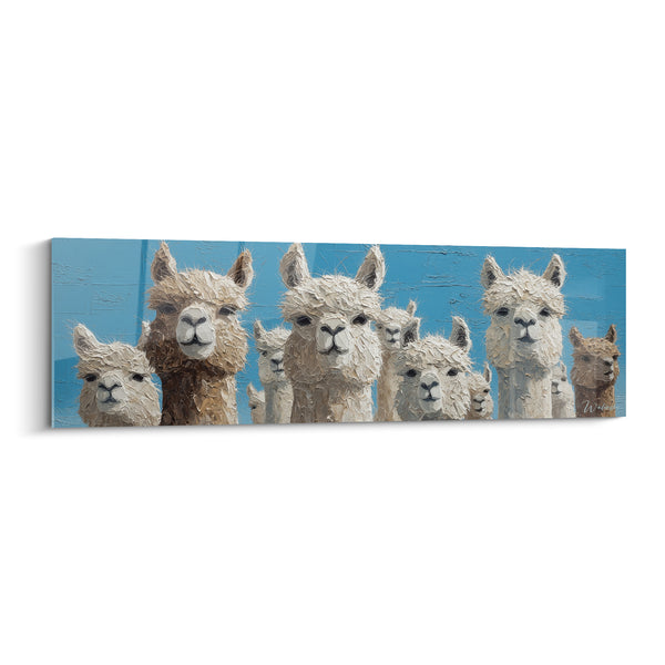 Tableau Troupeau de lamas blanc bleu laineux - Regards du troupeau - Edition Lama
