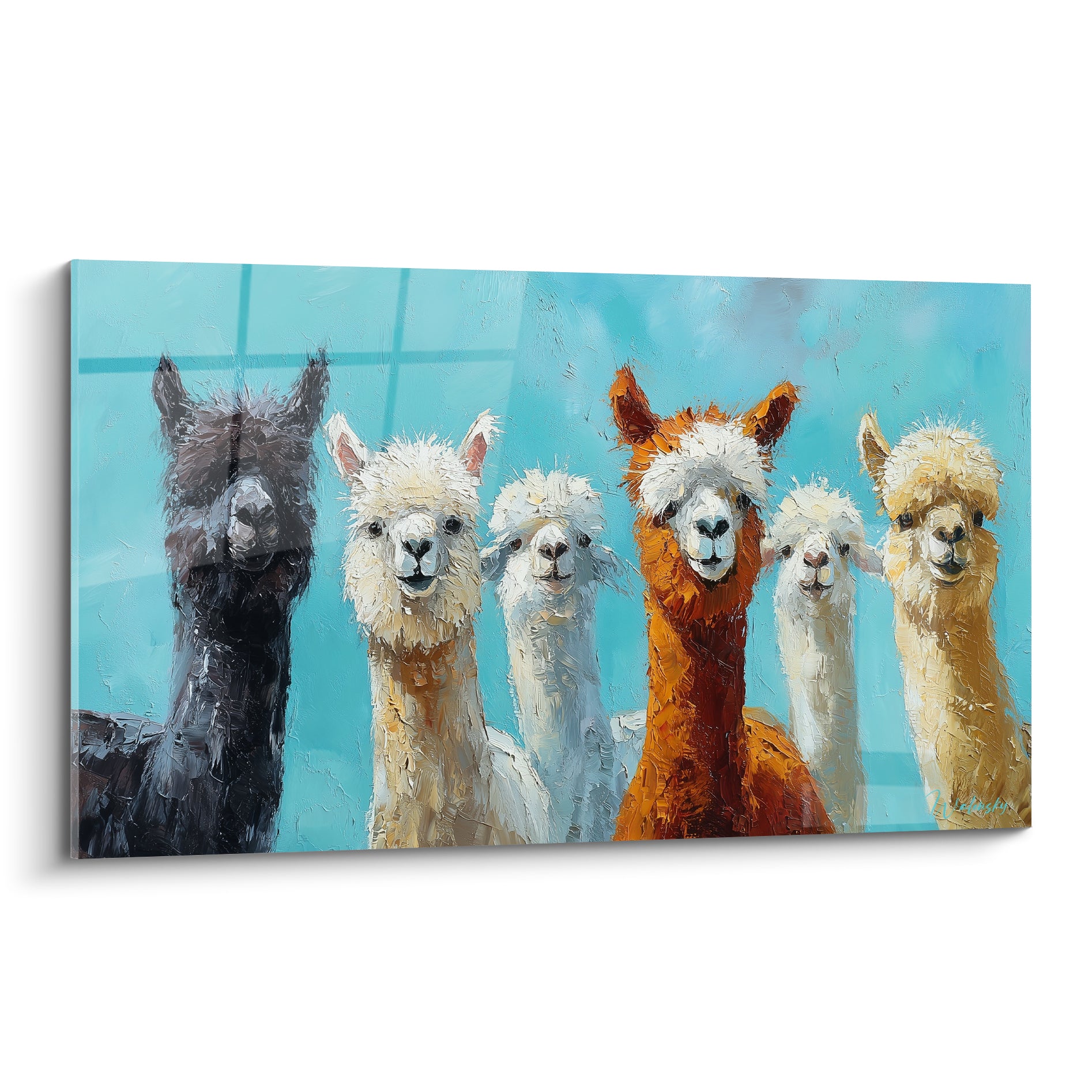 Six lamas anthracite, blancs et roux se tiennent devant un fond bleu turquoise texturé à la spatule.