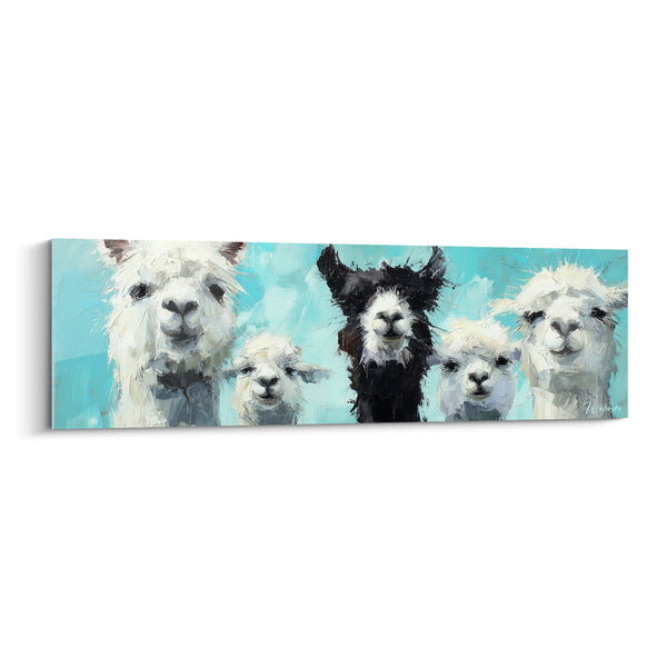 Tableau Lamas blancs et noir sur fond turquoise - Rassemblement complice - Edition Lama