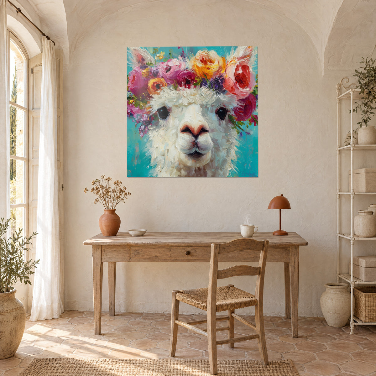 Quadro lama riccio bianco sporco, petali fucsia e oro su turchese, parete intonacata sopra una scrivania in legno chiaro