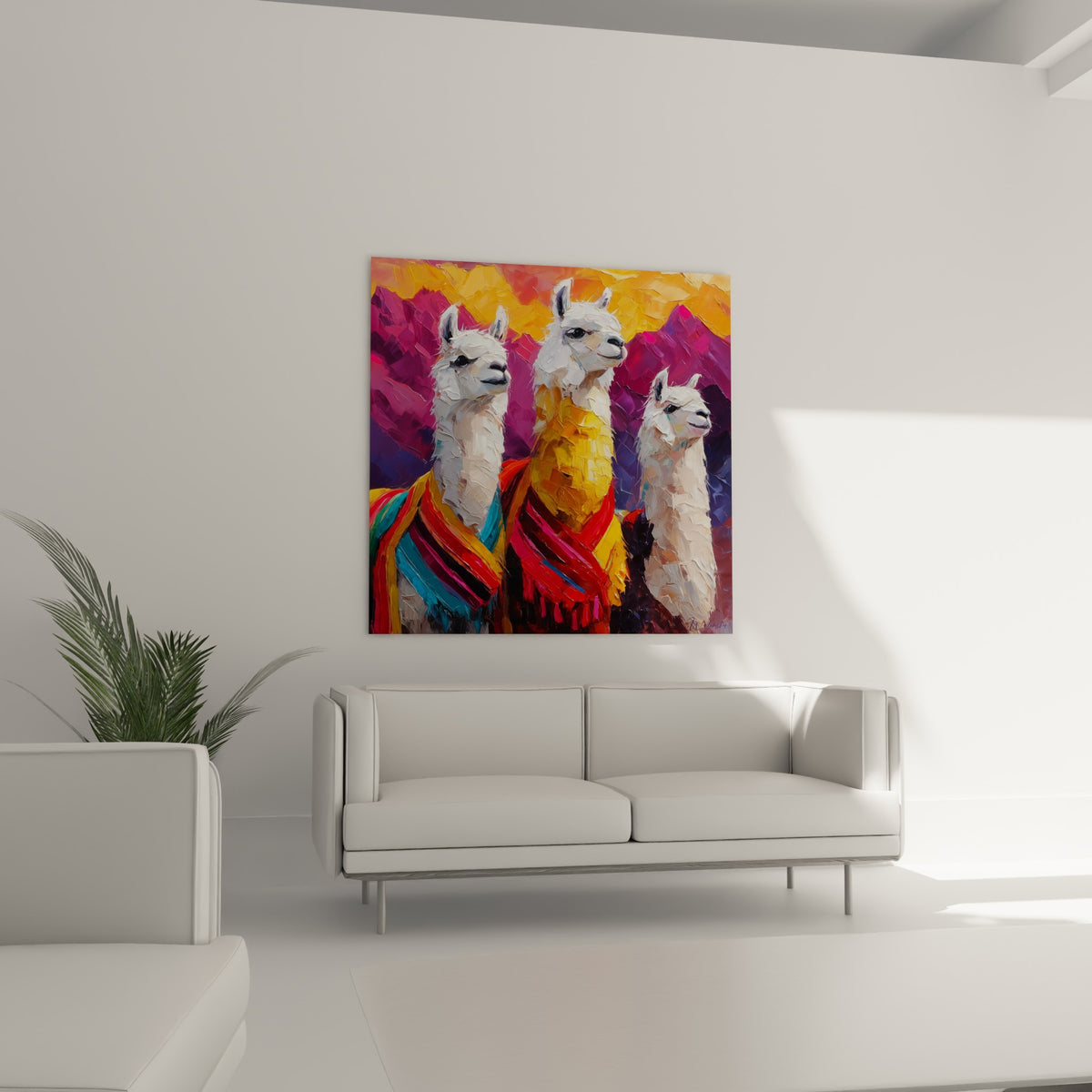 Cortège de lamas blancs et pourpres aux couleurs vives, au-dessus d'un canapé dans un salon lumineux