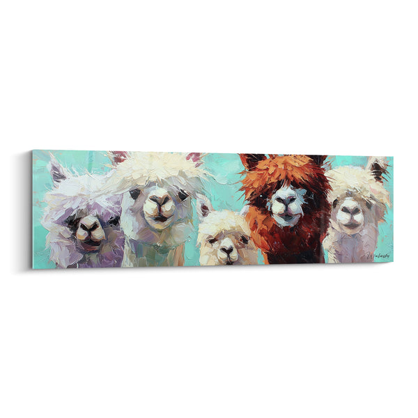 Tableau Cinq lamas turquoise et roux au pinceau - Curiosité en groupe - Edition Lama