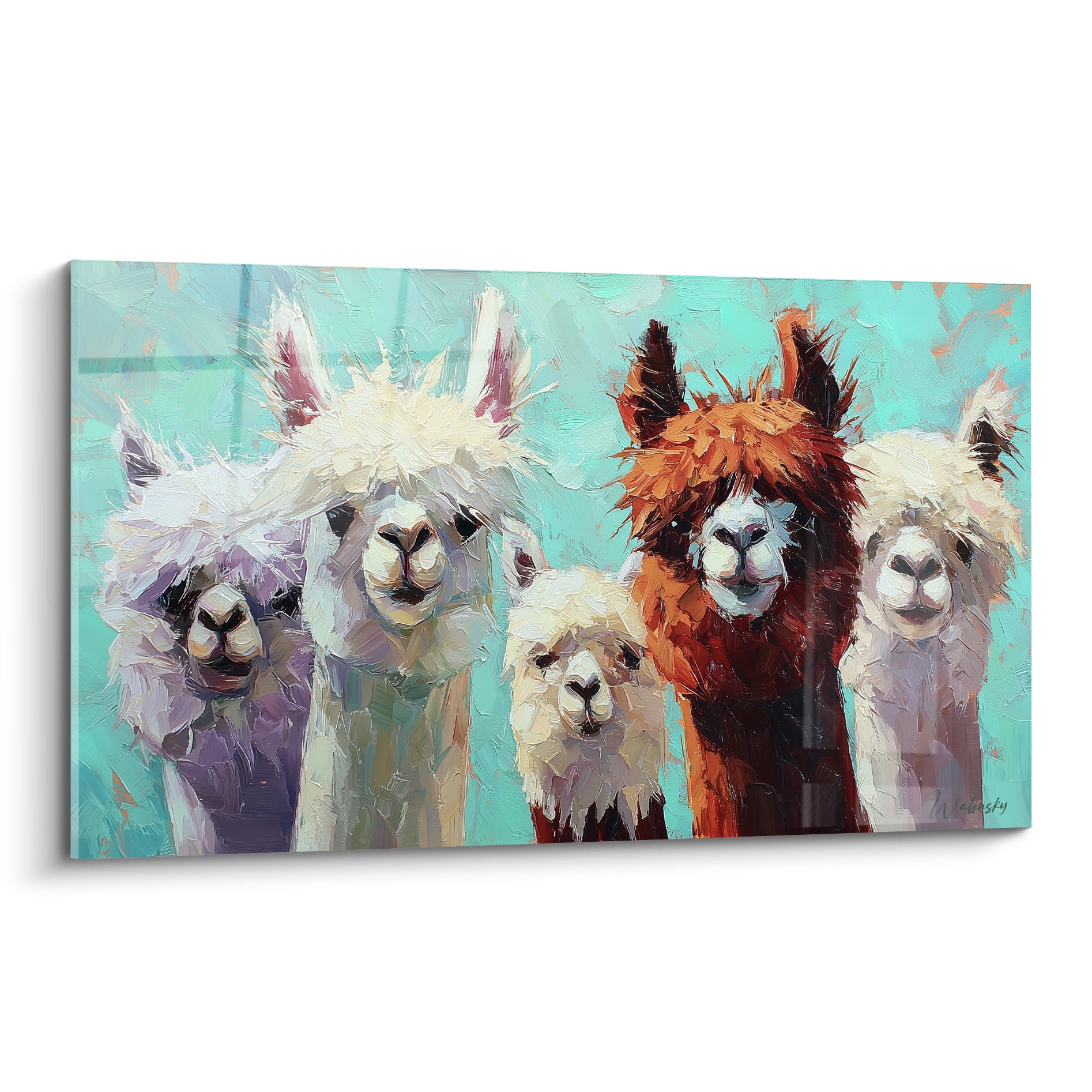 Cinq lamas turquoise et roux se tiennent en rangée, museaux crème et pelages texturés au couteau.