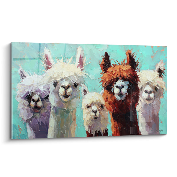 Tableau Cinq lamas turquoise et roux ébouriffés - Regards espiègles - Edition Lama