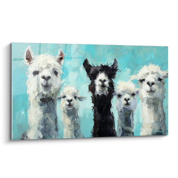 Tableau Cinq lamas blancs et noir turquoise - Portrait de famille - Edition Lama